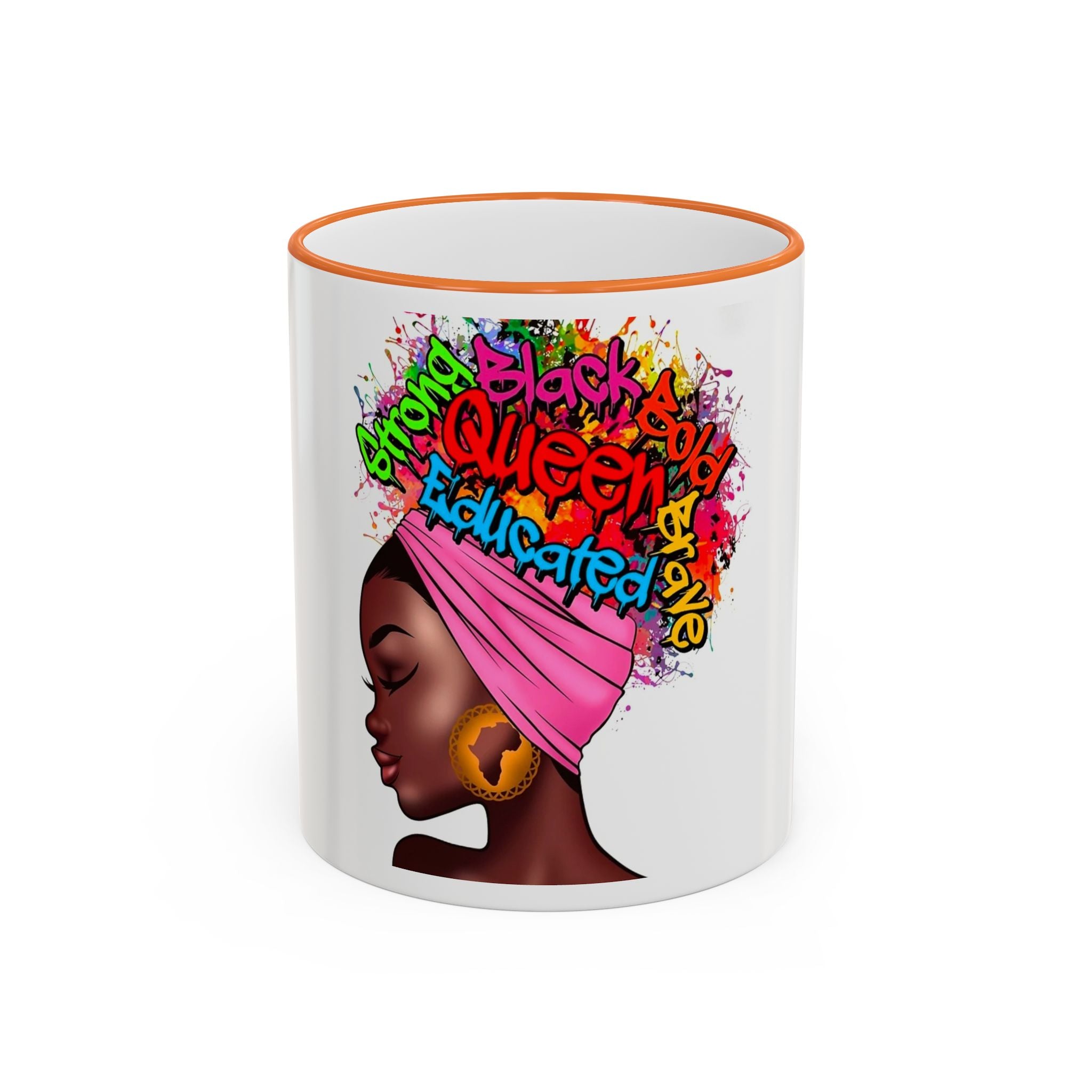 Black Queen Afro Mug — "Proud, Educated" Café Accent Rim & Handle Mug