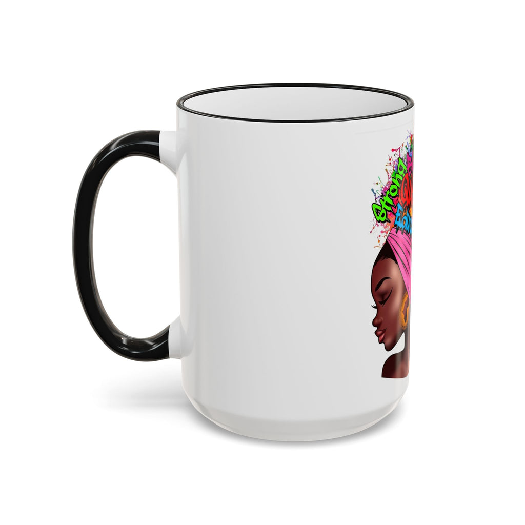 Black Queen Afro Mug — "Proud, Educated" Café Accent Rim & Handle Mug