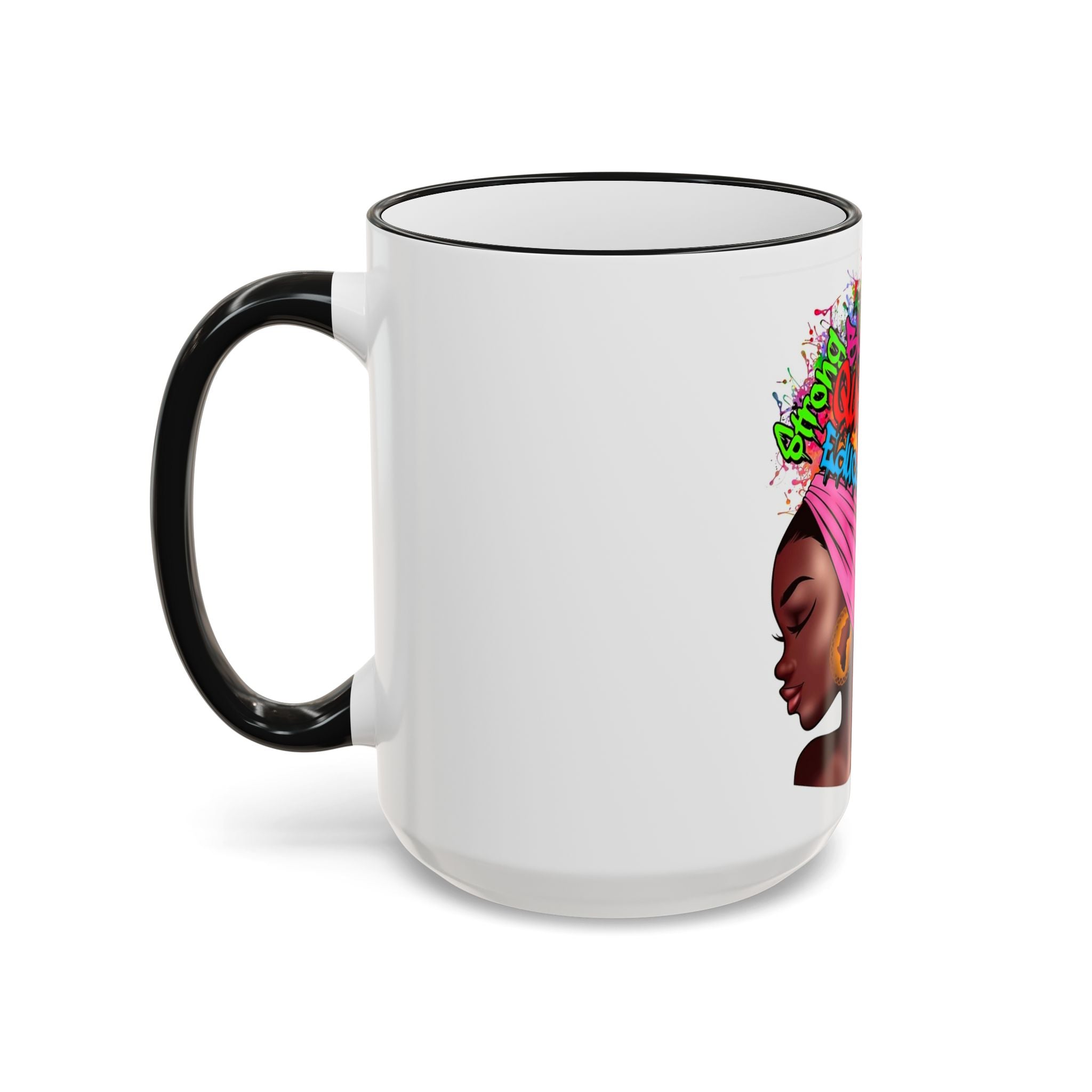 Black Queen Afro Mug — "Proud, Educated" Café Accent Rim & Handle Mug