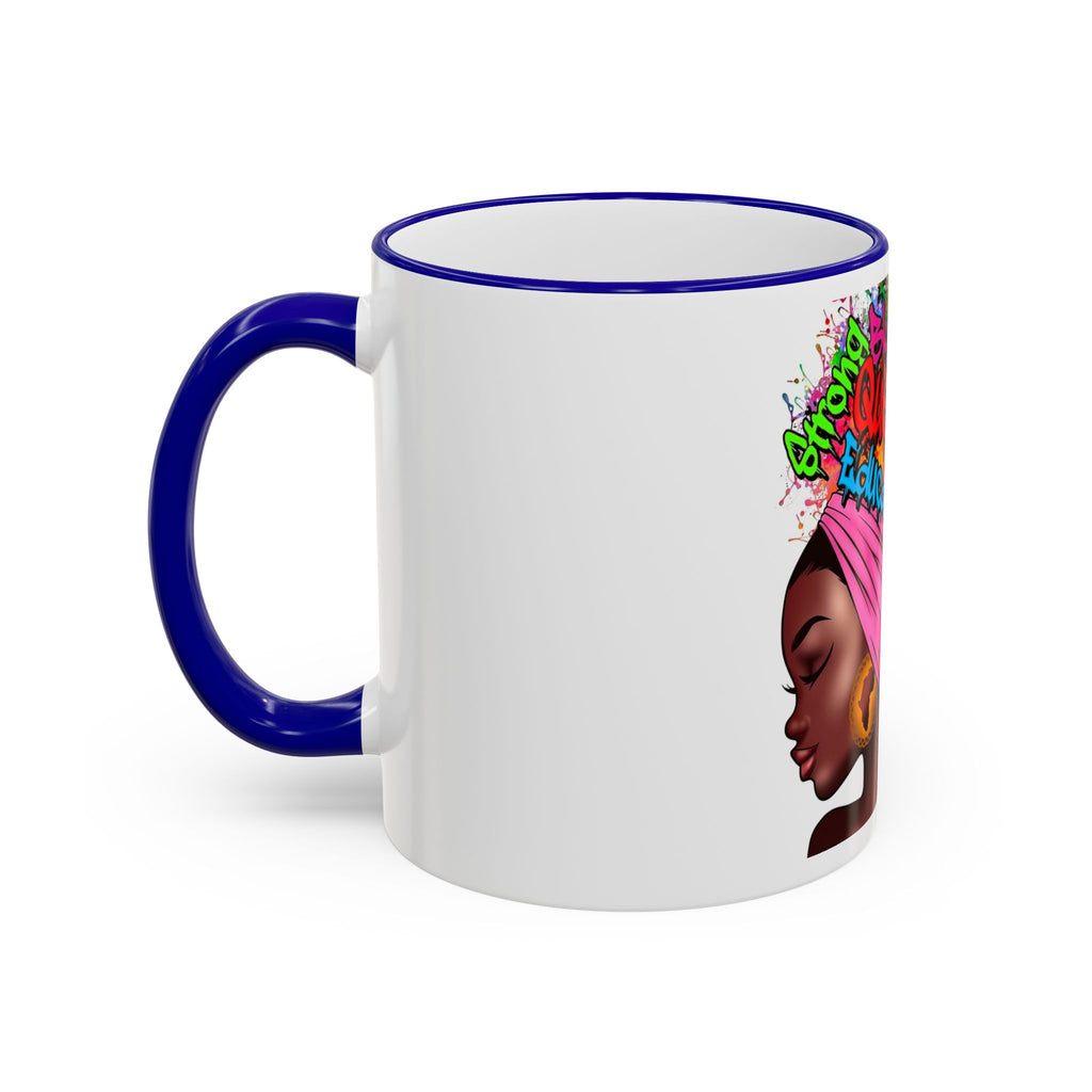 Black Queen Afro Mug — "Proud, Educated" Café Accent Rim & Handle Mug