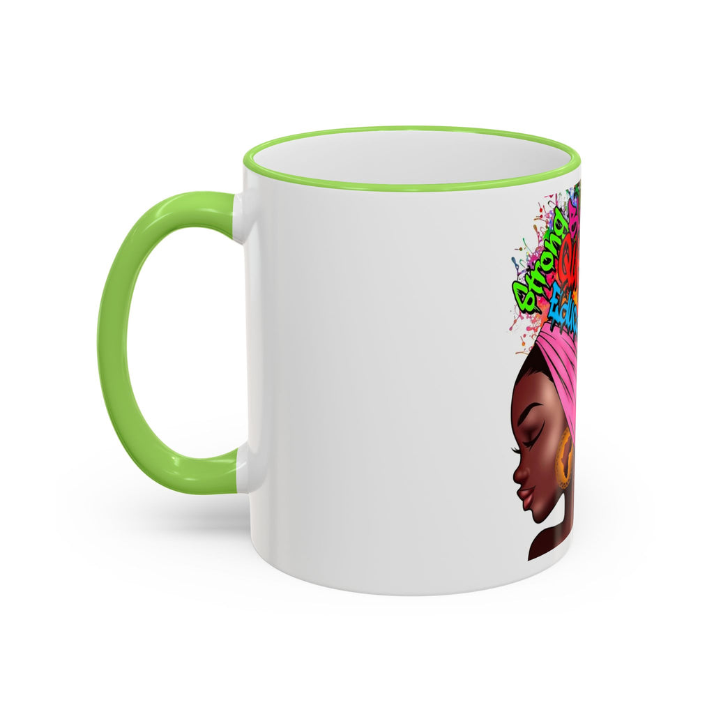 Black Queen Afro Mug — "Proud, Educated" Café Accent Rim & Handle Mug