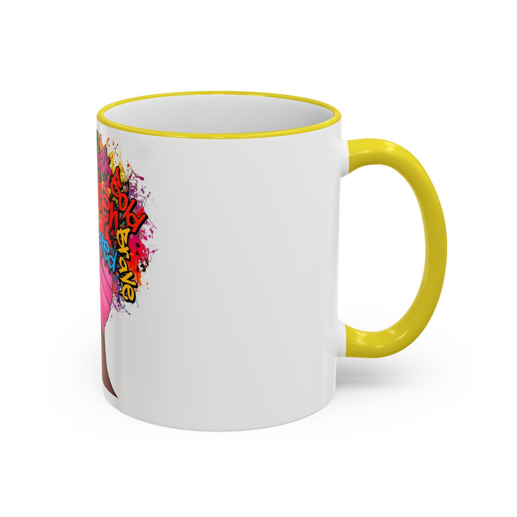 Black Queen Afro Mug — "Proud, Educated" Café Accent Rim & Handle Mug