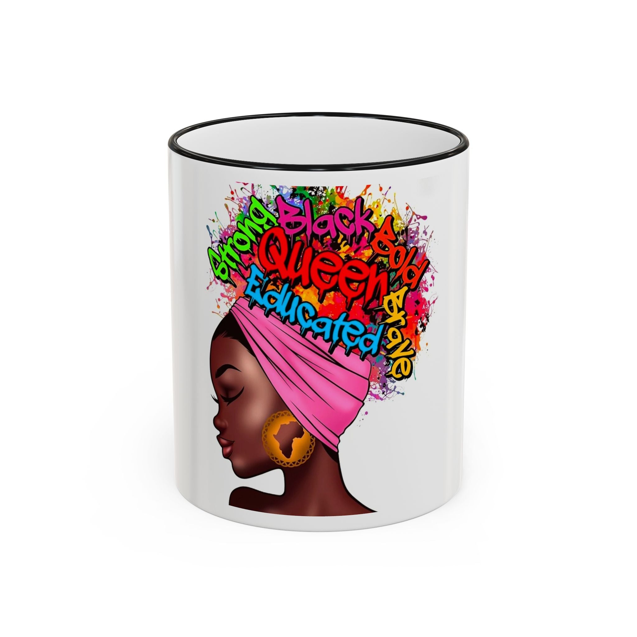 Black Queen Afro Mug — "Proud, Educated" Café Accent Rim & Handle Mug