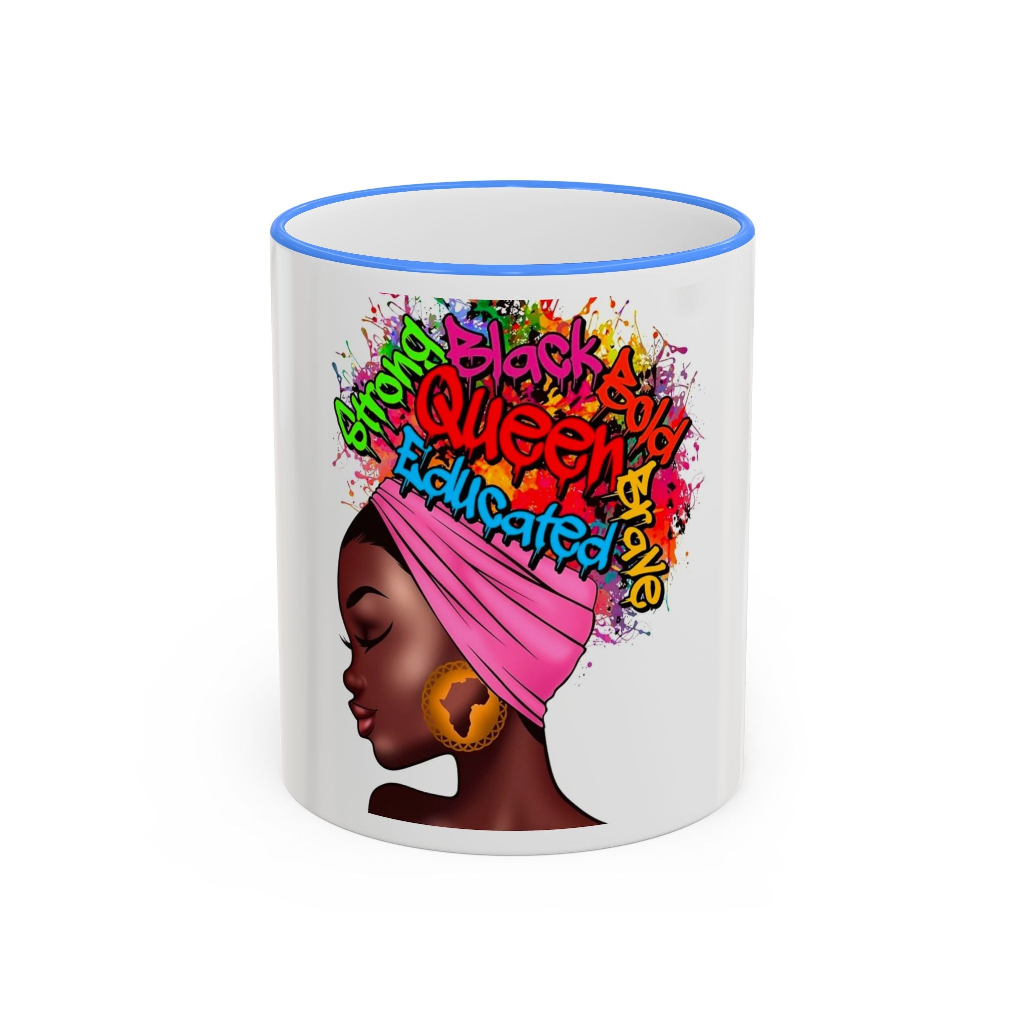 Black Queen Afro Mug — "Proud, Educated" Café Accent Rim & Handle Mug