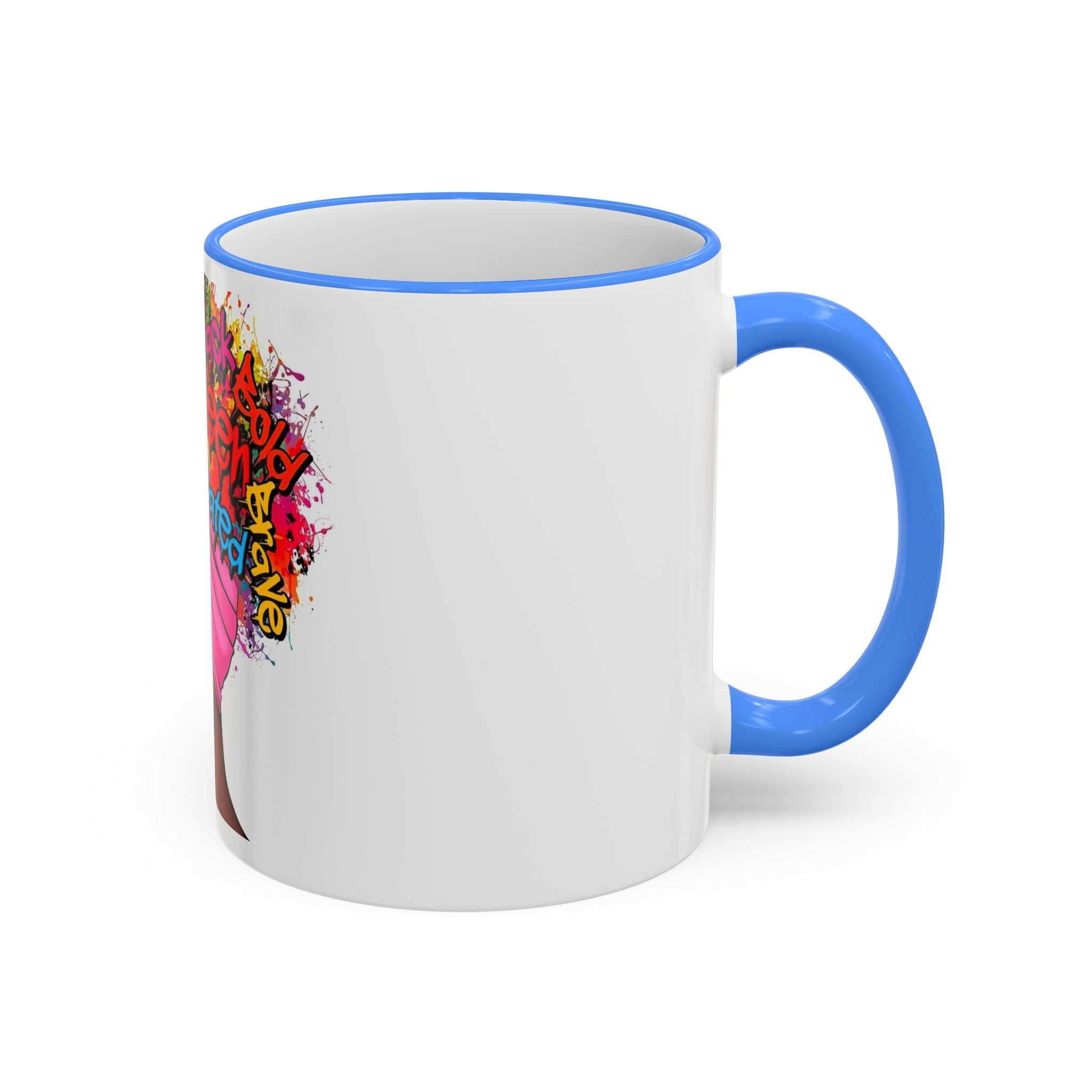 Black Queen Afro Mug — "Proud, Educated" Café Accent Rim & Handle Mug