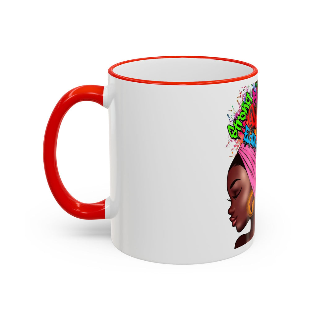 Black Queen Afro Mug — "Proud, Educated" Café Accent Rim & Handle Mug
