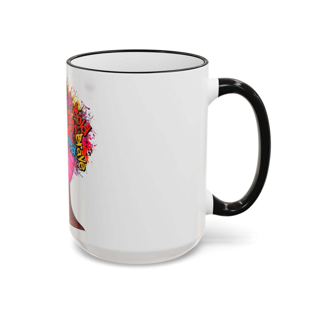 Black Queen Afro Mug — "Proud, Educated" Café Accent Rim & Handle Mug