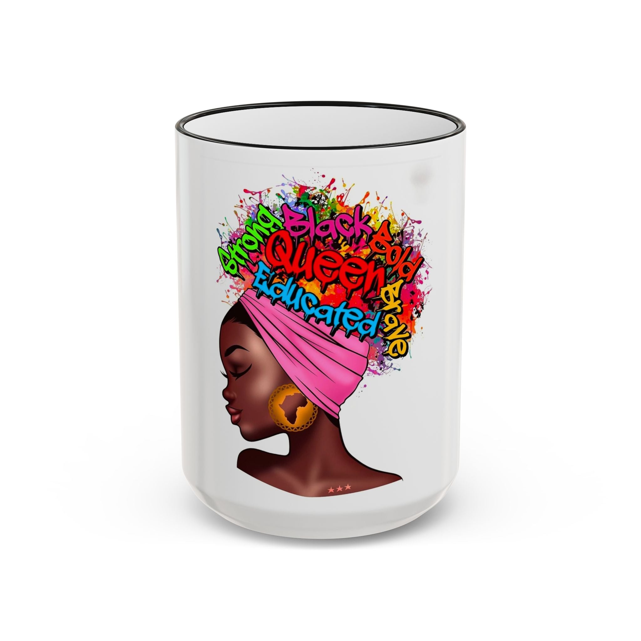 Black Queen Afro Mug — "Proud, Educated" Café Accent Rim & Handle Mug