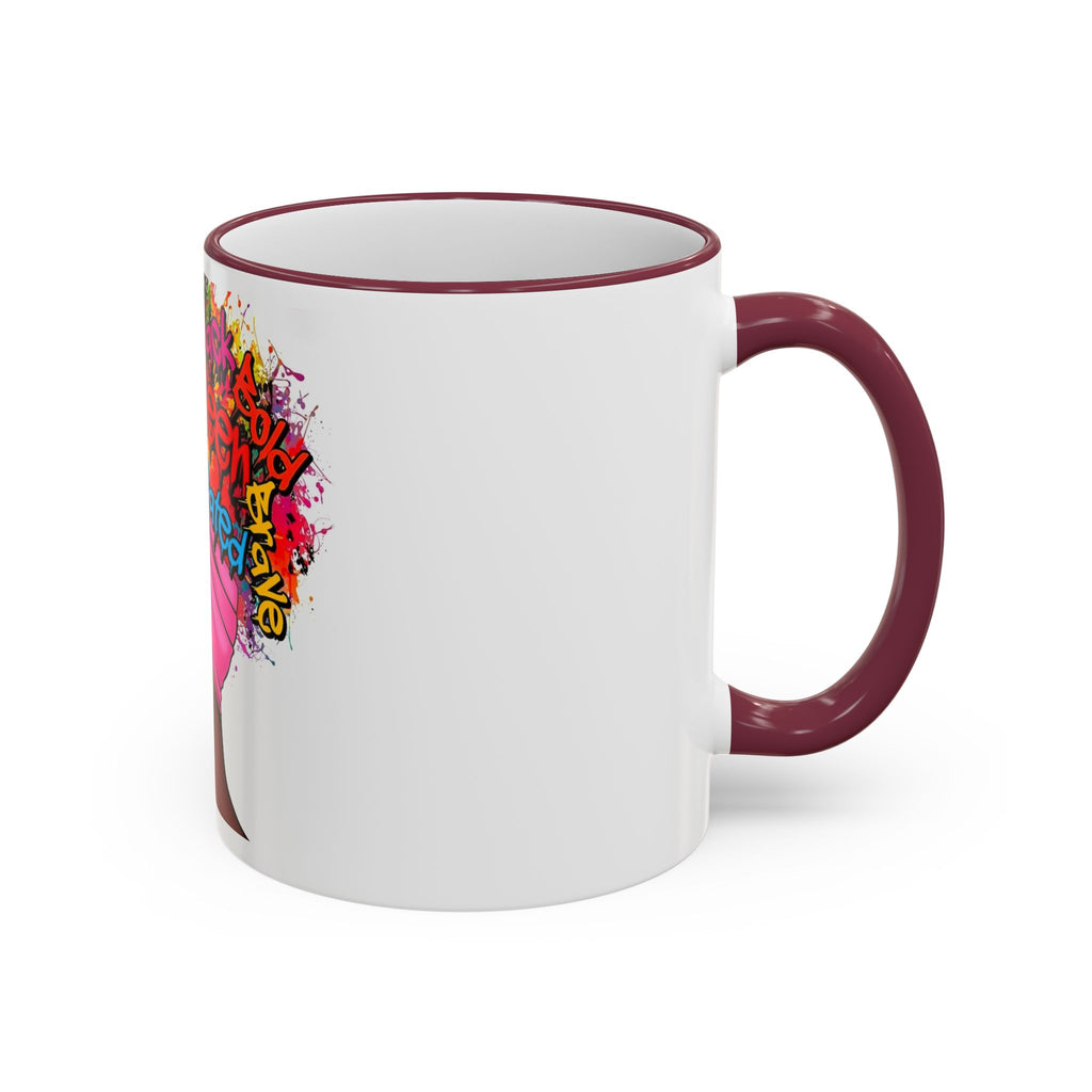 Black Queen Afro Mug — "Proud, Educated" Café Accent Rim & Handle Mug