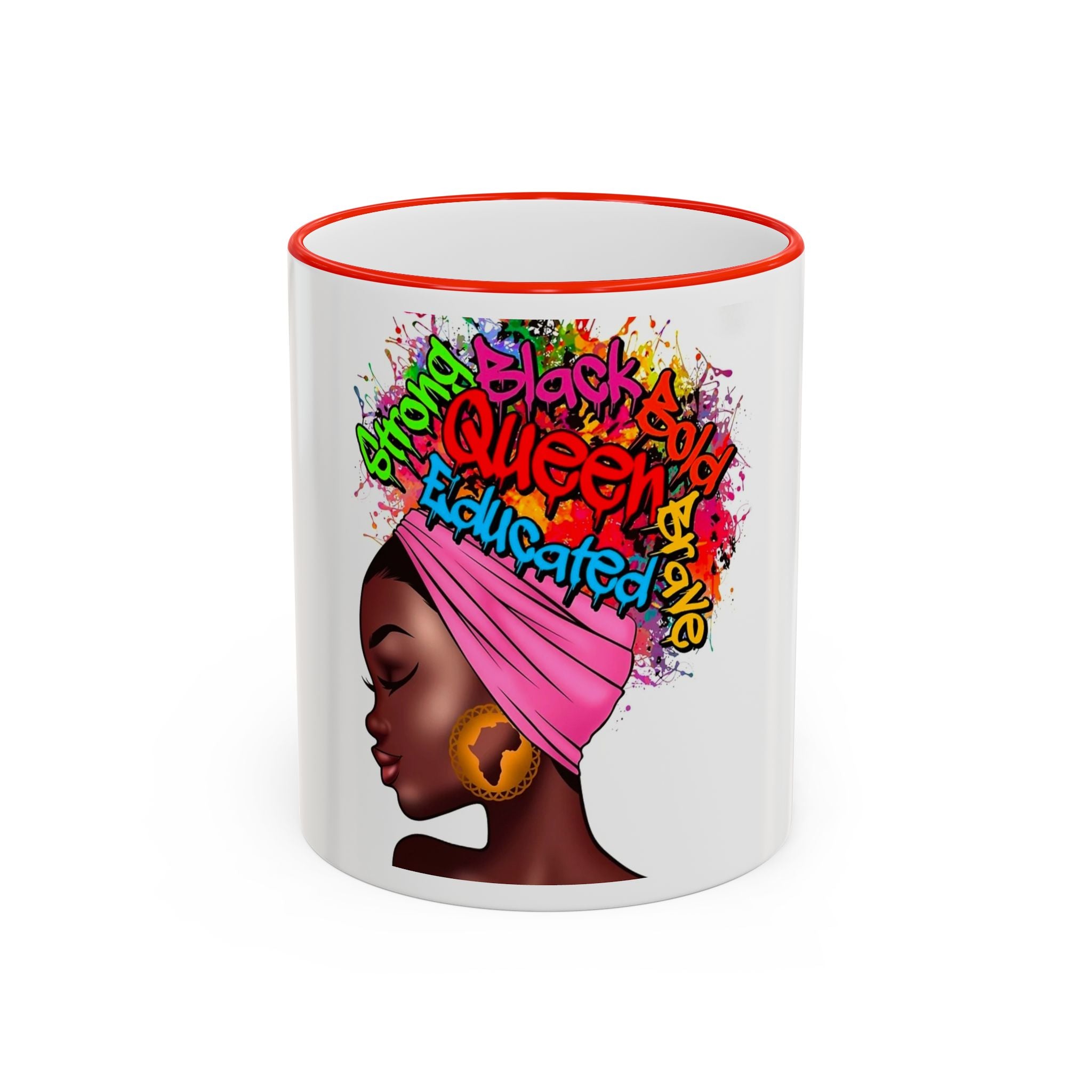 Black Queen Afro Mug — "Proud, Educated" Café Accent Rim & Handle Mug
