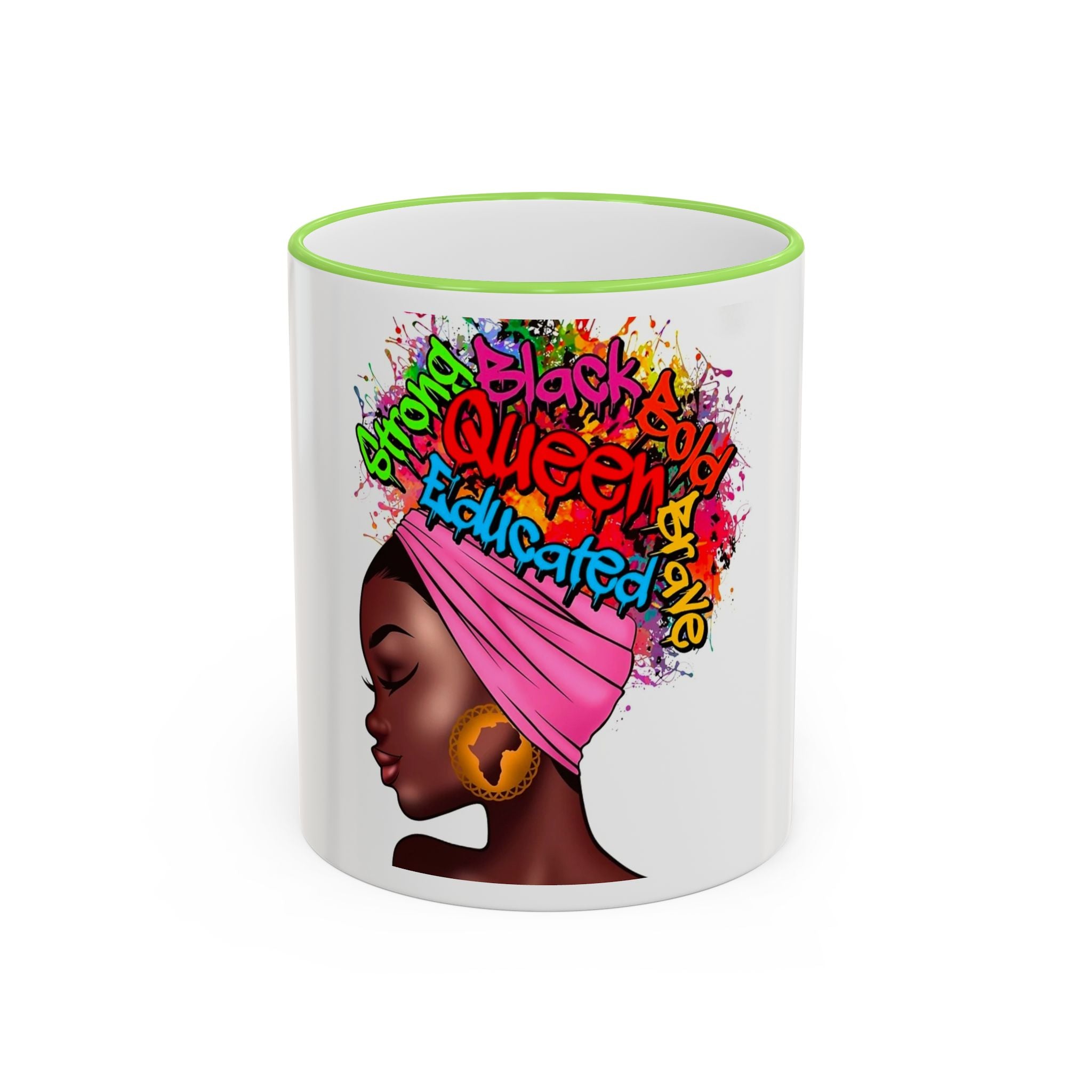 Black Queen Afro Mug — "Proud, Educated" Café Accent Rim & Handle Mug