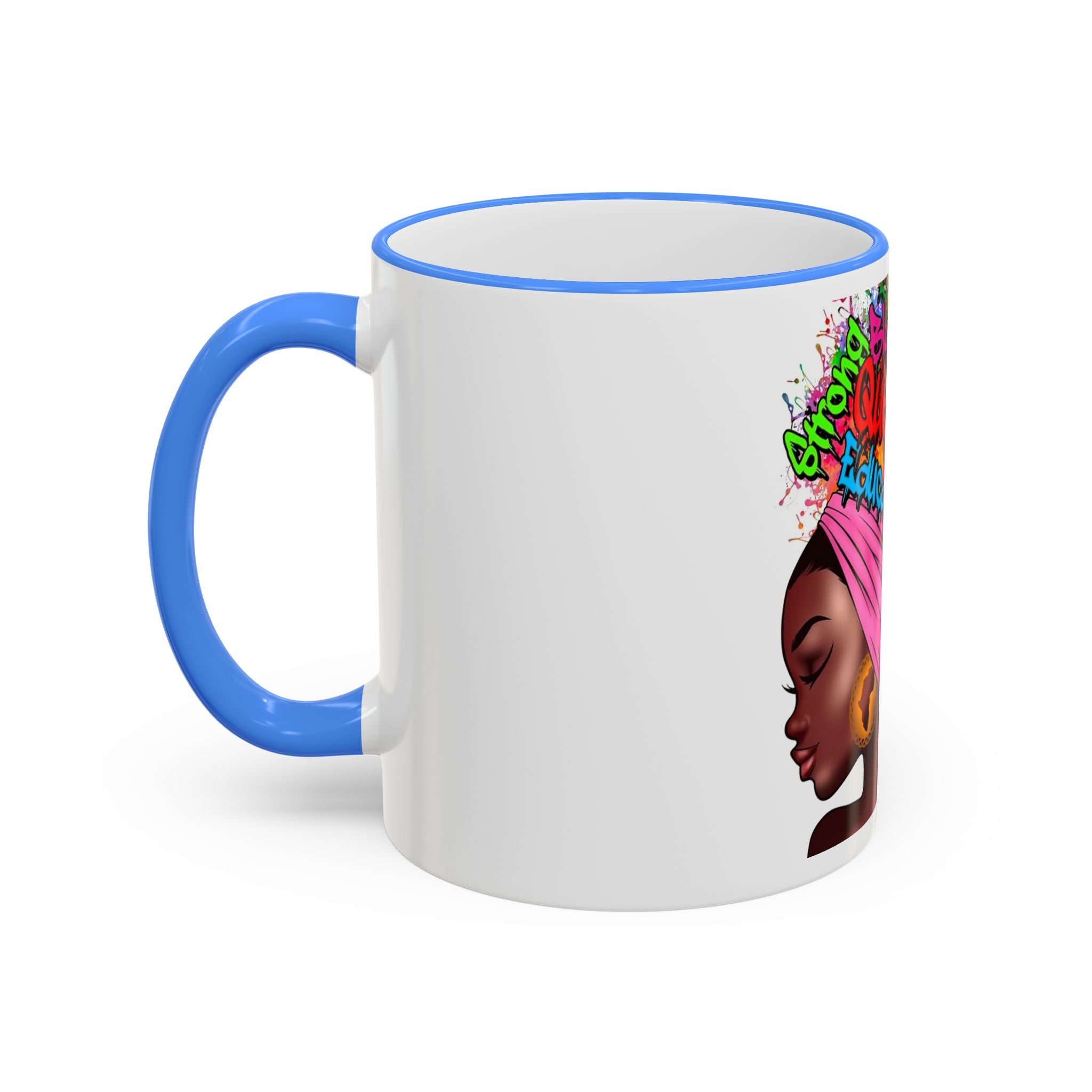 Black Queen Afro Mug — "Proud, Educated" Café Accent Rim & Handle Mug