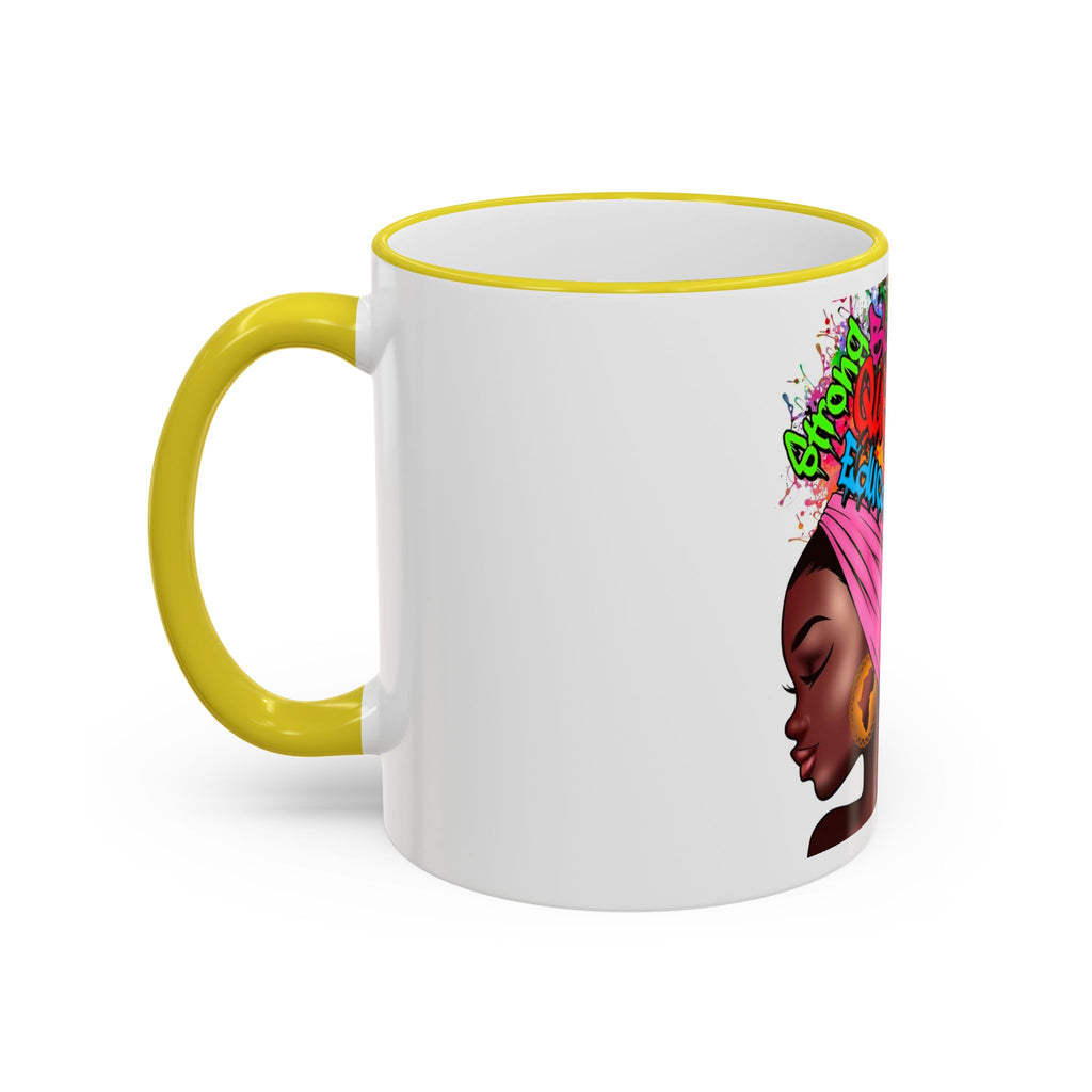 Black Queen Afro Mug — "Proud, Educated" Café Accent Rim & Handle Mug