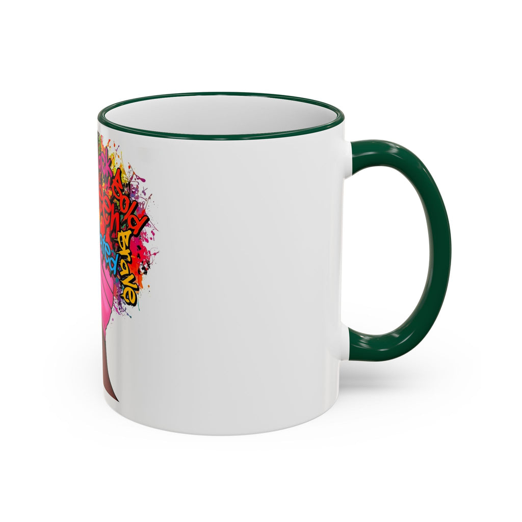 Black Queen Afro Mug — "Proud, Educated" Café Accent Rim & Handle Mug