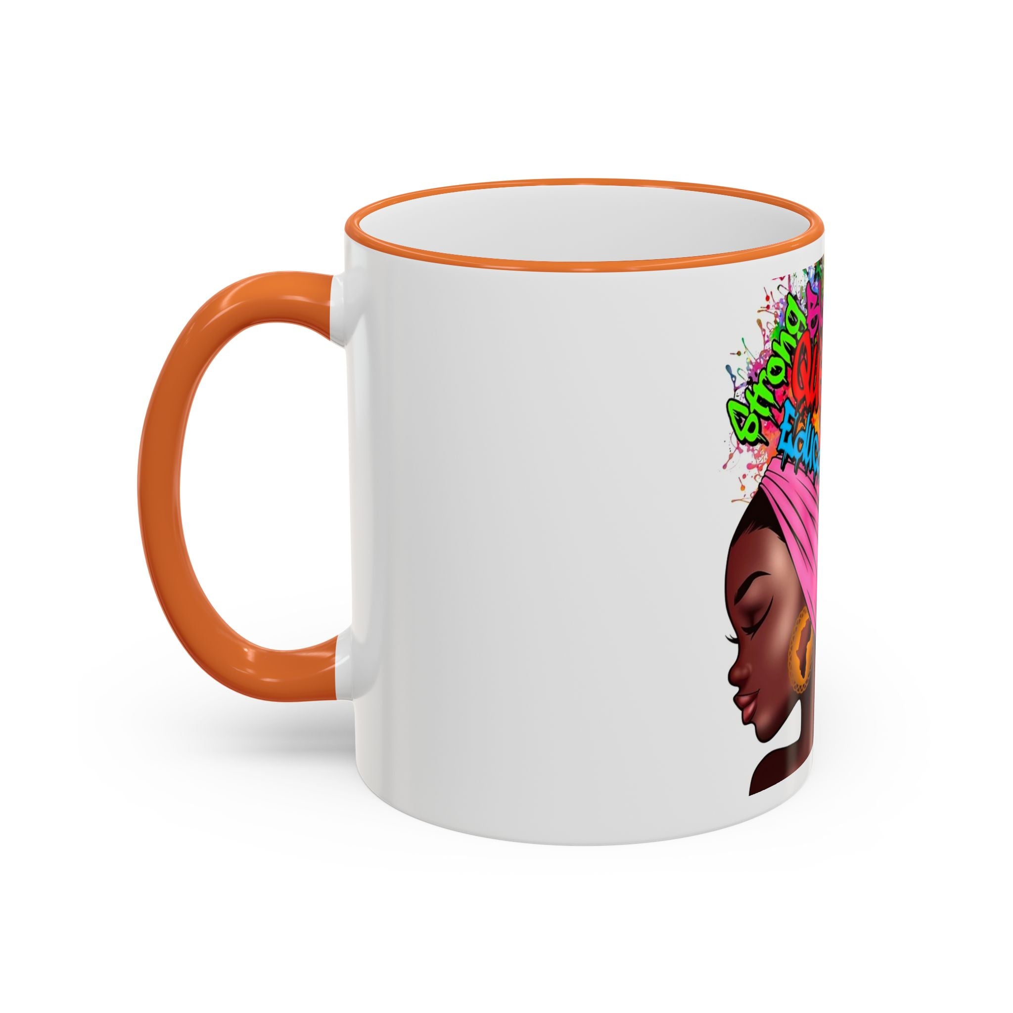 Black Queen Afro Mug — "Proud, Educated" Café Accent Rim & Handle Mug