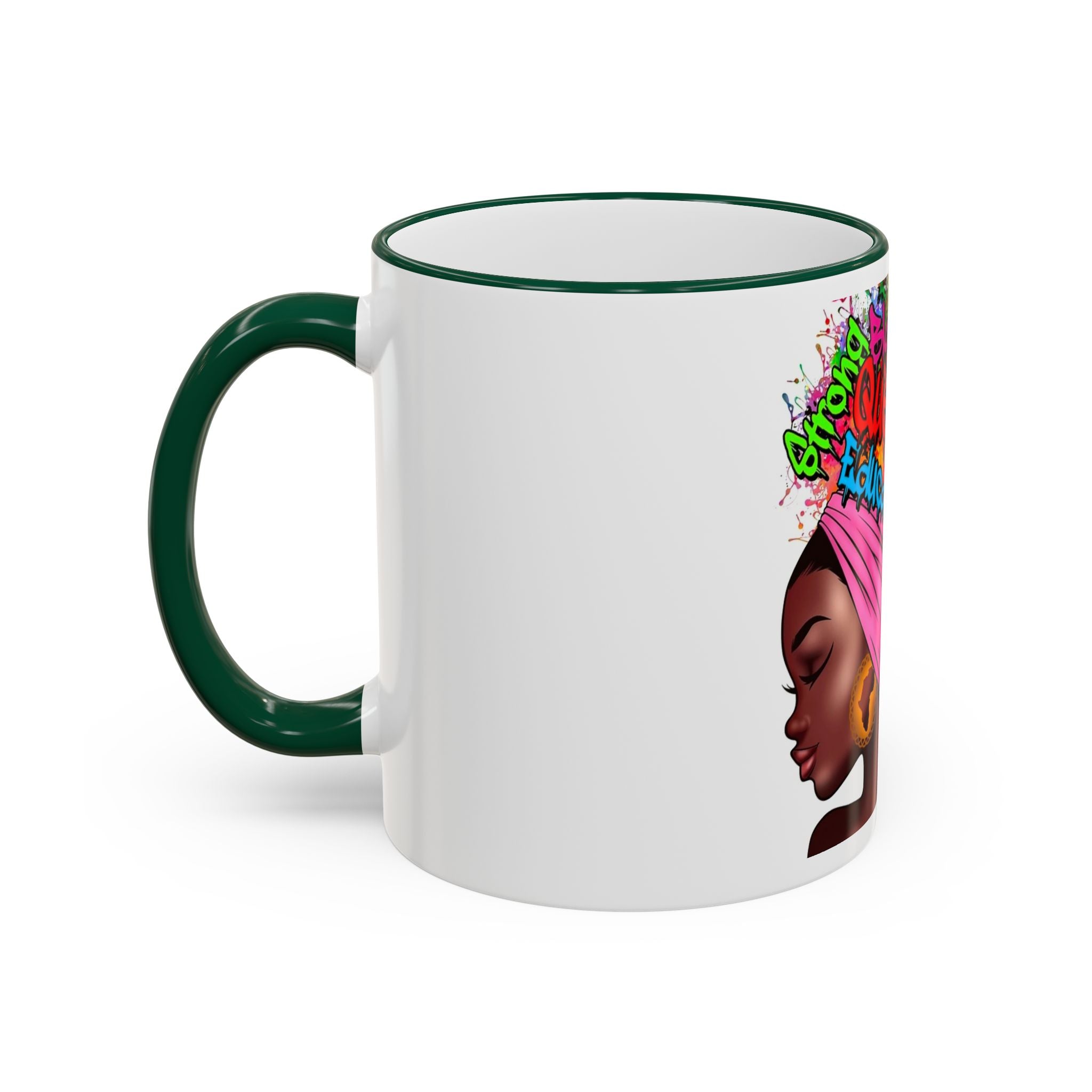 Black Queen Afro Mug — "Proud, Educated" Café Accent Rim & Handle Mug