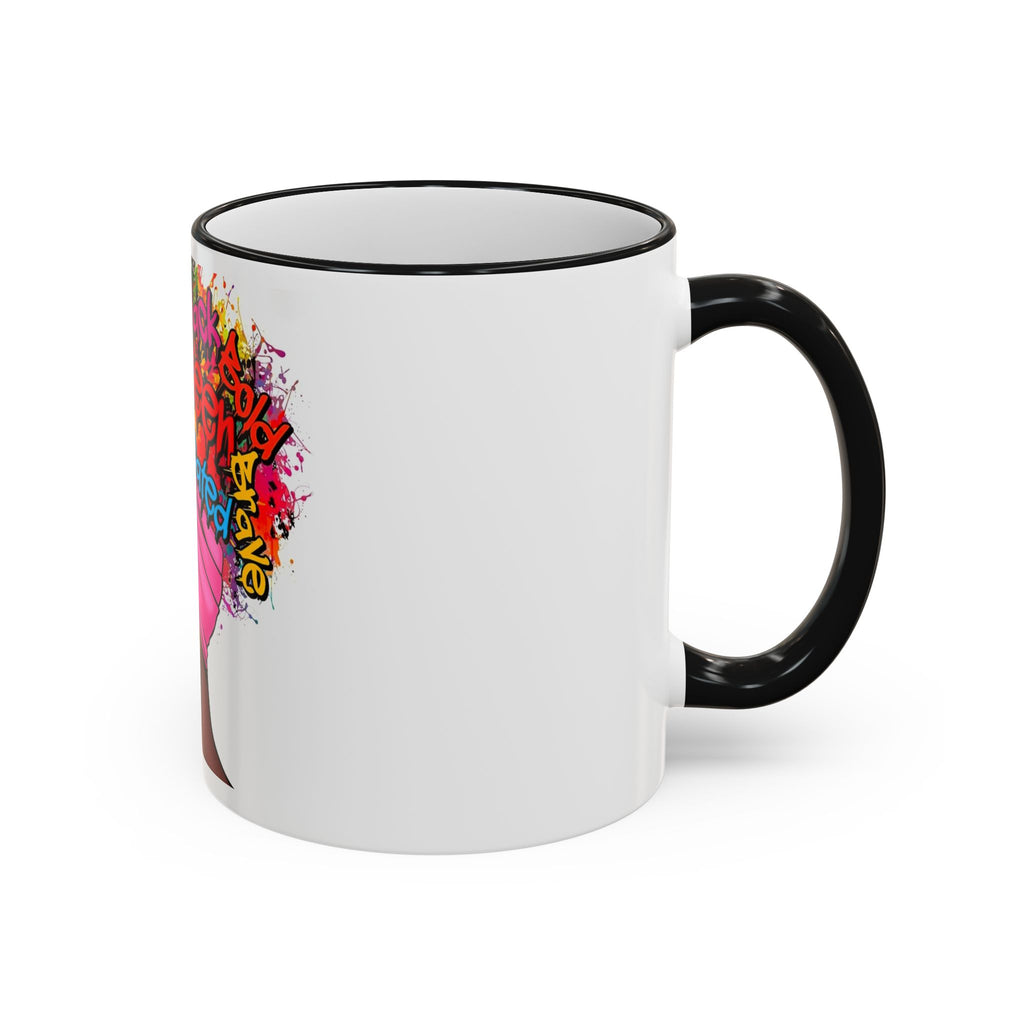 Black Queen Afro Mug — "Proud, Educated" Café Accent Rim & Handle Mug