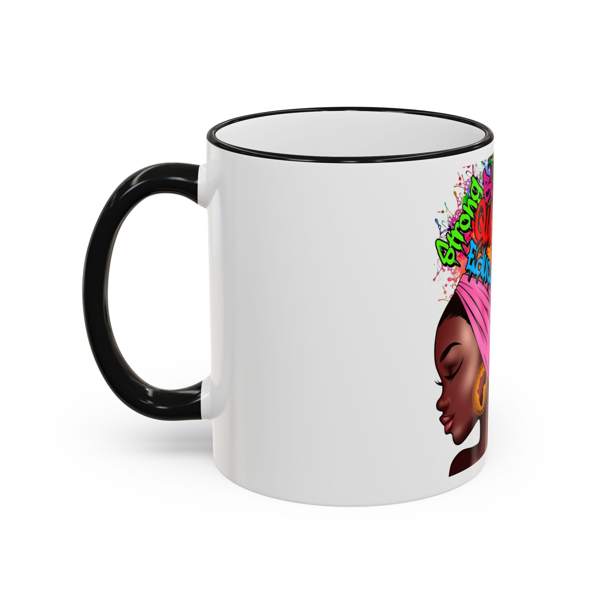 Black Queen Afro Mug — "Proud, Educated" Café Accent Rim & Handle Mug