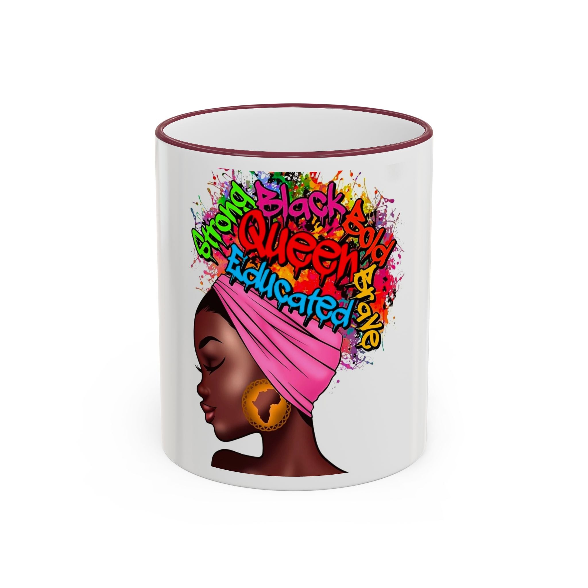 Black Queen Afro Mug — "Proud, Educated" Café Accent Rim & Handle Mug