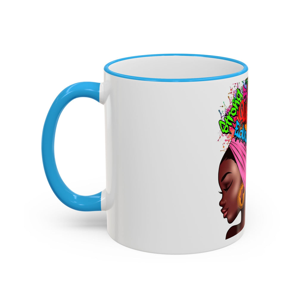 Black Queen Afro Mug — "Proud, Educated" Café Accent Rim & Handle Mug