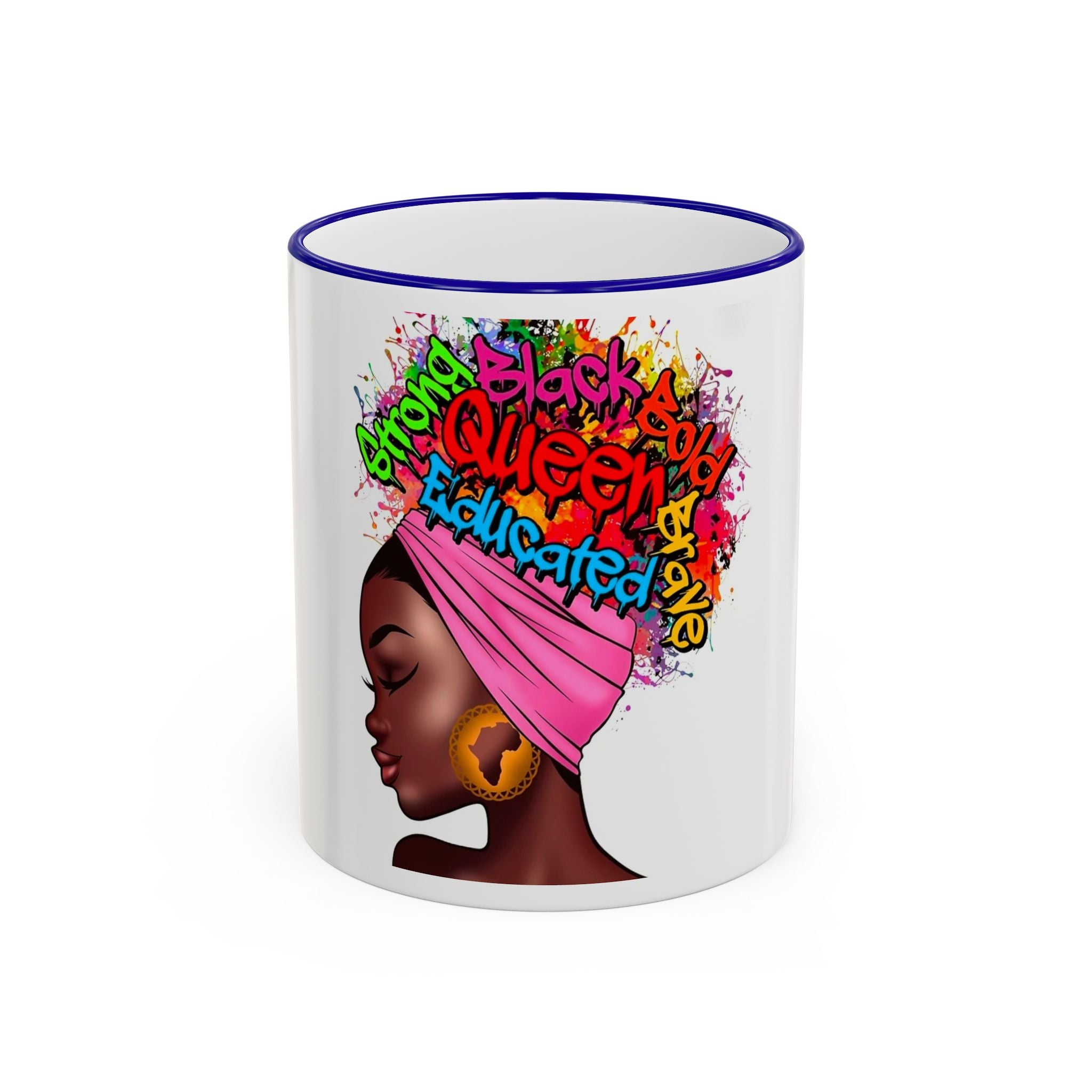 Black Queen Afro Mug — "Proud, Educated" Café Accent Rim & Handle Mug
