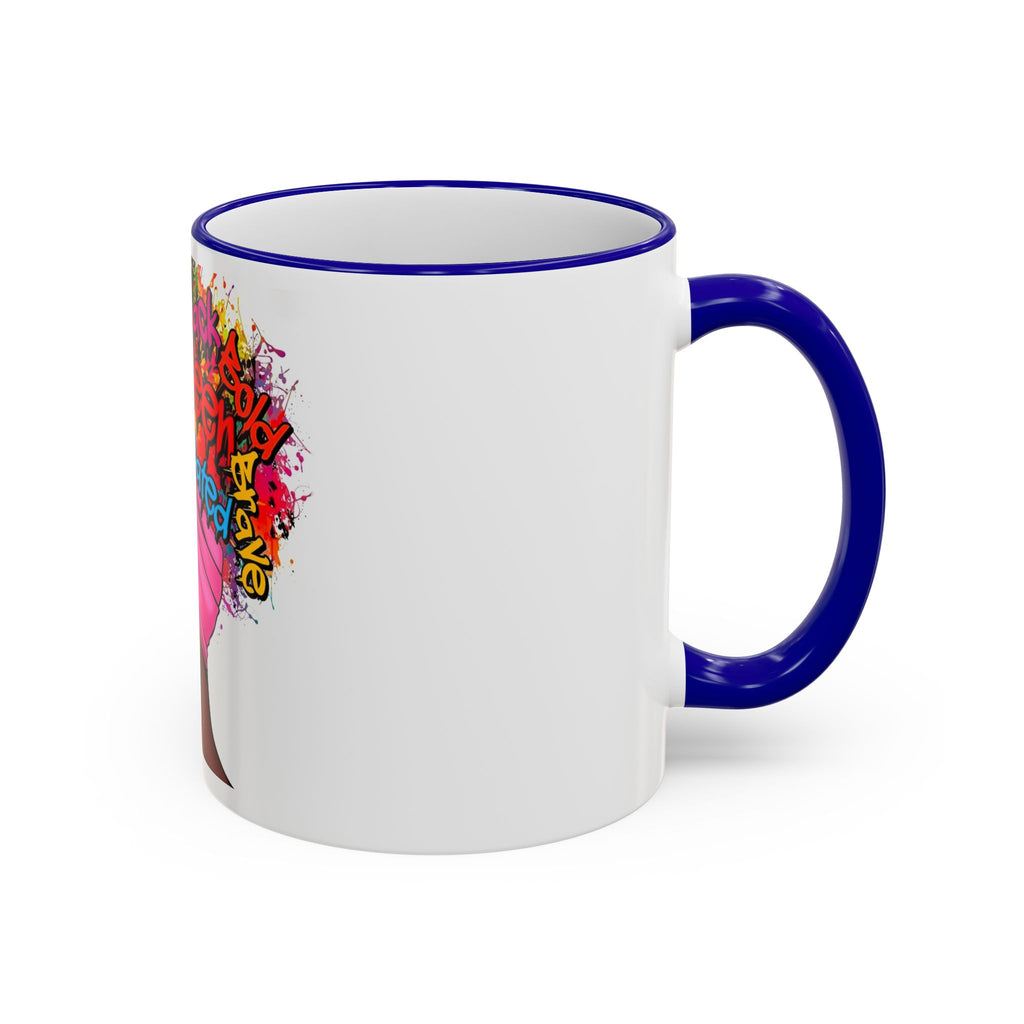 Black Queen Afro Mug — "Proud, Educated" Café Accent Rim & Handle Mug
