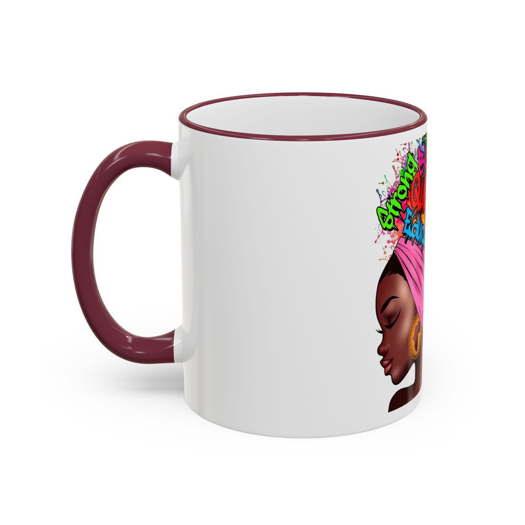 Black Queen Afro Mug — "Proud, Educated" Café Accent Rim & Handle Mug