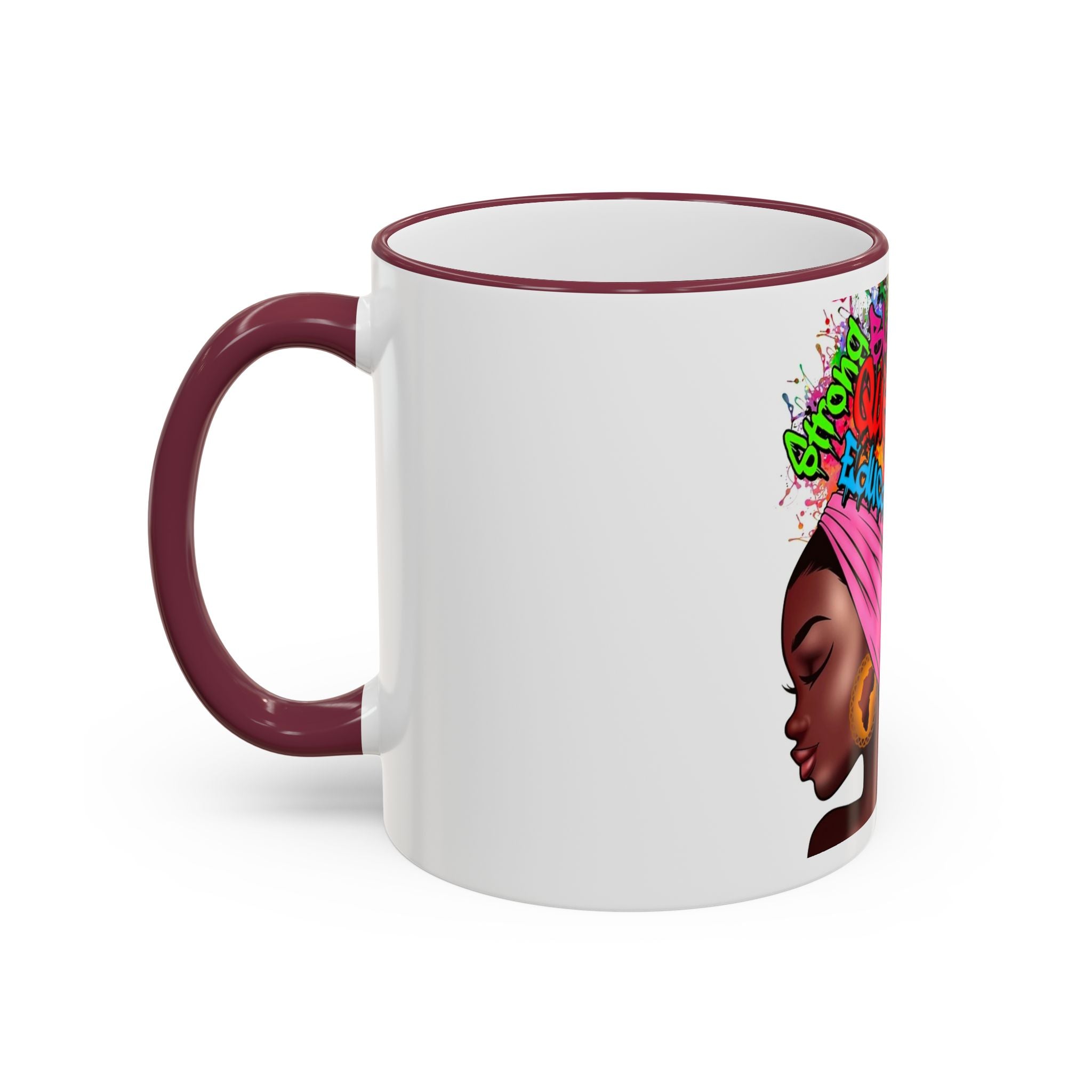 Black Queen Afro Mug — "Proud, Educated" Café Accent Rim & Handle Mug