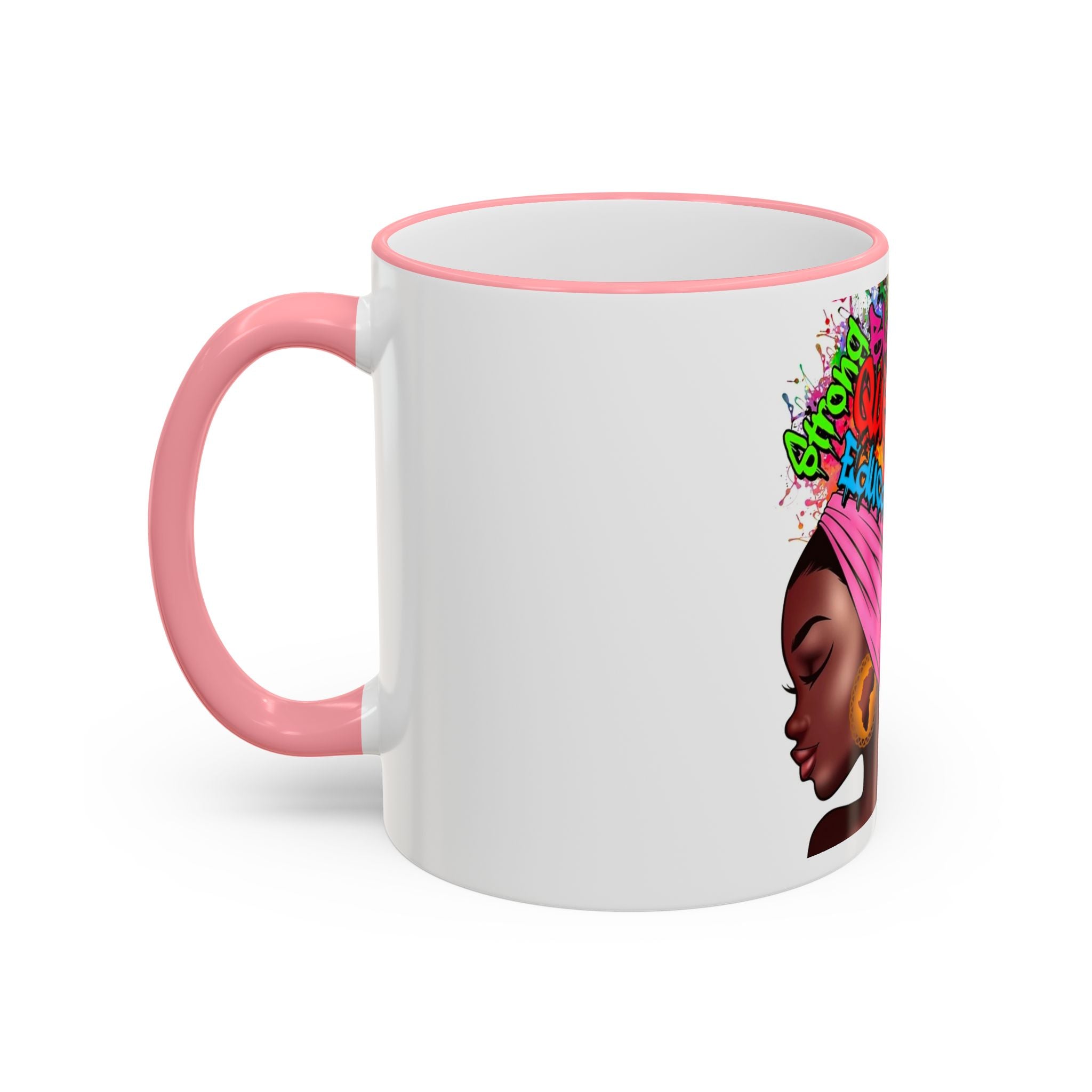 Black Queen Afro Mug — "Proud, Educated" Café Accent Rim & Handle Mug